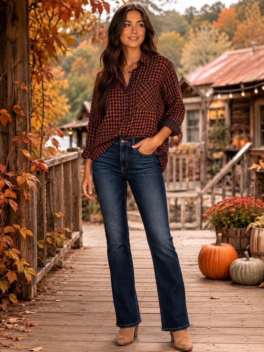 Umgee Rust and Black Plaid Long Sleeve Button-Up Shirt